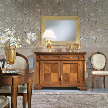Specchiera moderna foglia oro sopra credenza in legno