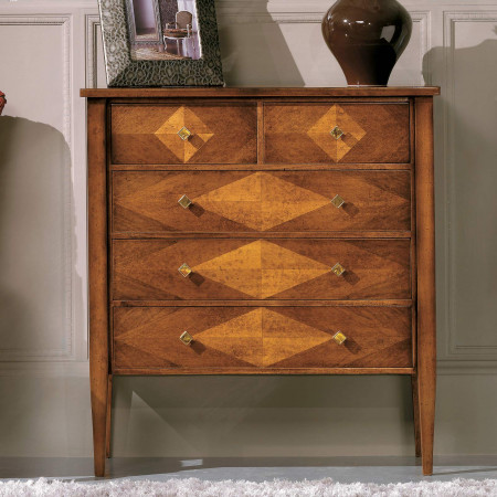 Comoncino 5 cassetti intarsio rombo in legno, dettaglio gambe a spillo