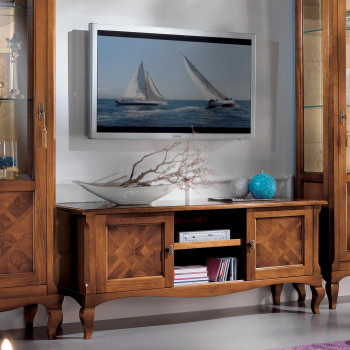 Porta tv ante scorrevoli con intarsio geometrico in legno