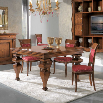 Tavolo quadrato allungabile in legno noce con intarsi