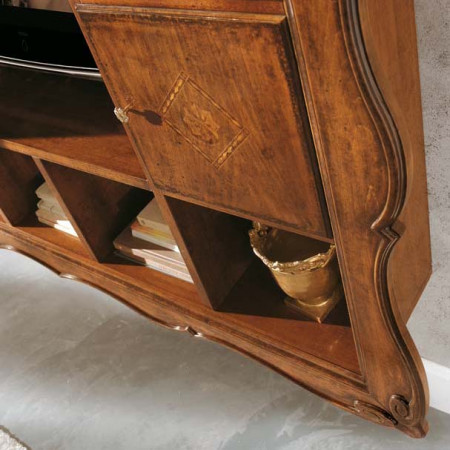 Parete 14 vani intarsiata in legno, dettaglio cornice