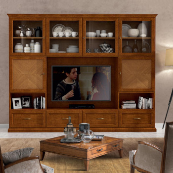 Composizione 4 cestoni 4 ante vetro 2 ante legno con dettagli eleganti