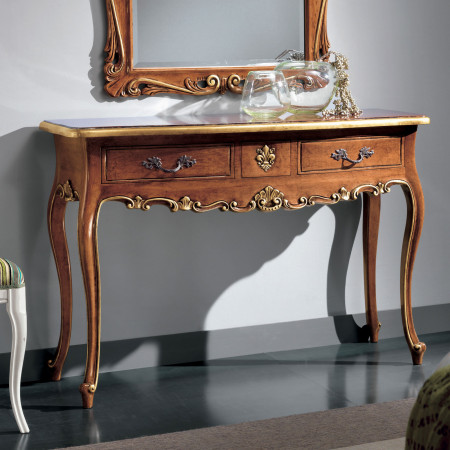 Consolle 3 cassetti intagliata con finiture foglia oro