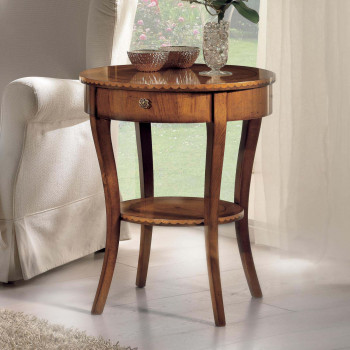 Tavolino rotondo intarsiato con gambe sagomate a sciabola