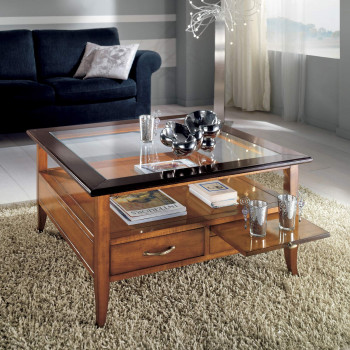 Tavolino 2 cassetti 2 tiretti, dettaglio gambe sagomate