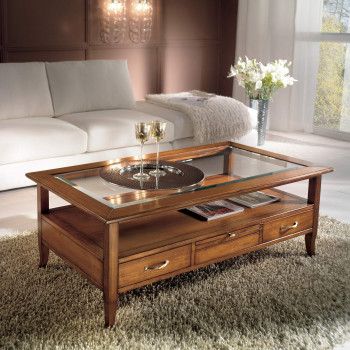 Tavolino 4 cassetti 2 tiretti, dettaglio del piano in vetro