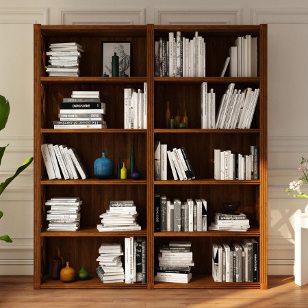Libreria in legno con fianchi a croci, dettaglio scaffali
