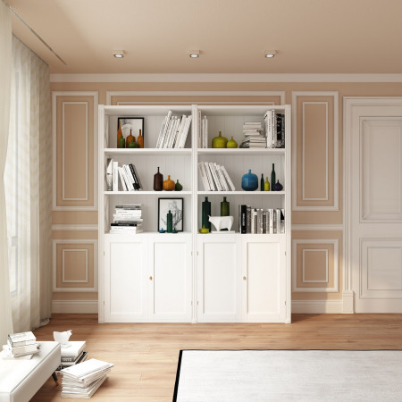 Libreria in legno con 4 ante e fianchi a croci in ambientazione