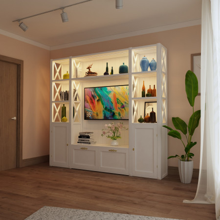 Mobile classico porta TV in legno con luci LED, fianchi croce
