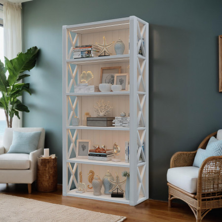 Libreria in legno con fianchi a croce e luci LED