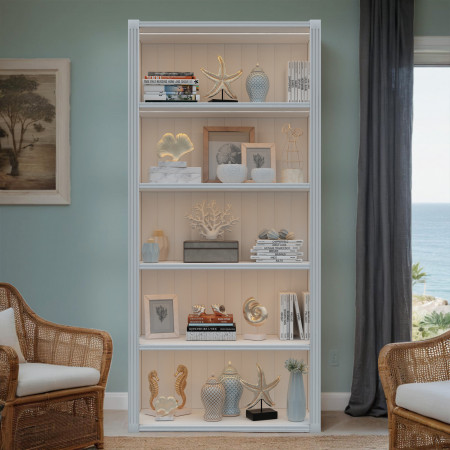 Libreria in legno con fianchi aperti e croci, luci LED