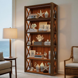Libreria in legno con fianchi aperti e croci, luci LED