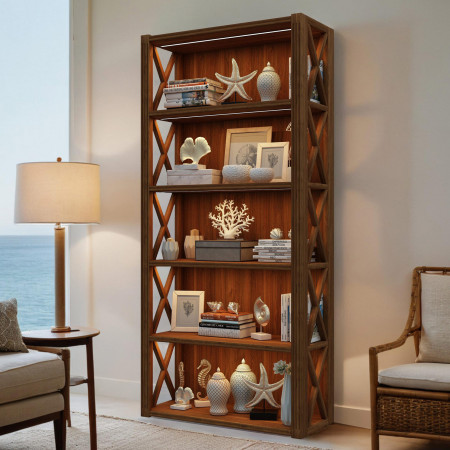 Libreria in legno con fianchi aperti e led, dettaglio del design a crociera