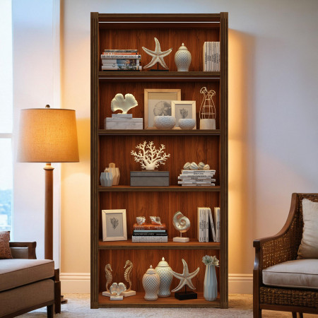 Libreria in legno con fianchi aperti e decorazioni, luce LED