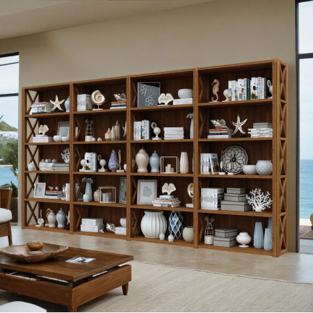 Libreria modulare in legno con decorazioni e fianchi aperti