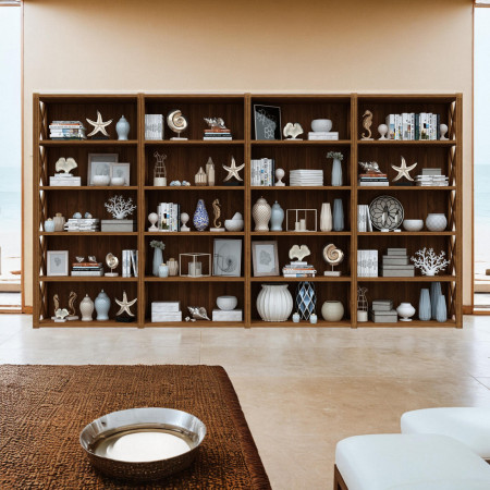 Libreria modulare con fianchi aperti e ripiani decorati