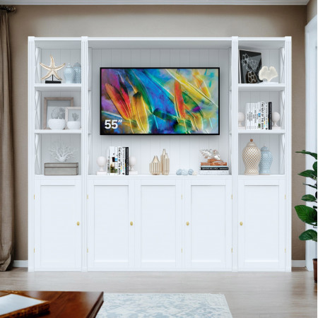Libreria porta TV con fianchi aperti e dettagli decorativi