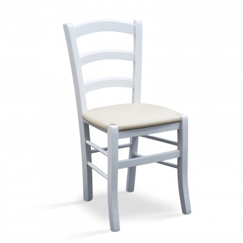 Sedia in legno con fondino in ecopelle crema, dettaglio struttura