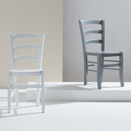 Sedia campagnola in legno bianca e grigia, dettaglio design