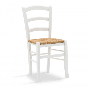 Sedia campagnola in legno bianco, dettaglio seduta in paglia