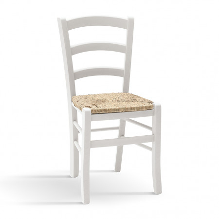 Sedia anilina bianca in legno con seduta in paglia rustica