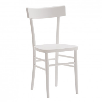 Sedia bianca con fondino in legno, vista laterale