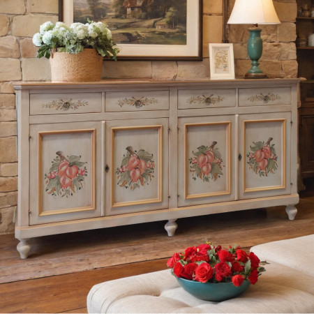 Credenza classica 4 ante 4 cassetti con decori floreali