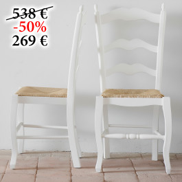 Coppia di sedie bianco panna con fondo in paglia shabby chic