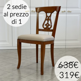 Coppia di sedie classiche in legno ciliegio, seduta ecopelle Coppia di sedie classiche in legno ciliegio con seduta imbottita