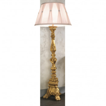 Lampada foglia oro, base legno, paralume tessuto