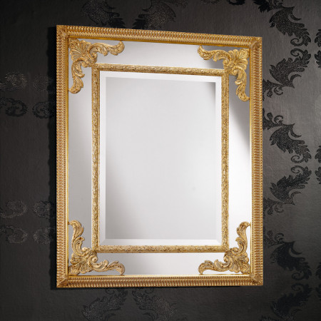 Specchiera con doppia cornice in foglia oro e intagli angolari