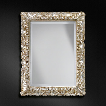 Specchiera barocca rivestita in foglia argento, dettagli cornice