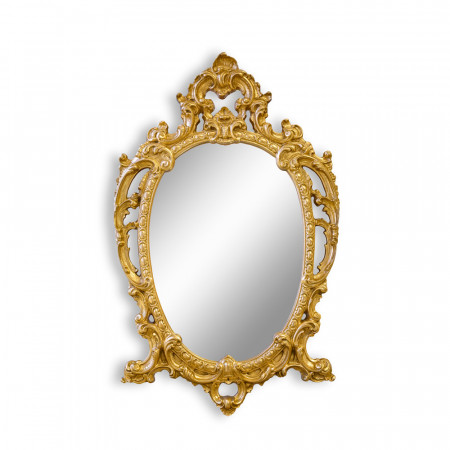 Specchiera barocca ovale in foglia oro, dettagli decorativi
