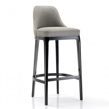 Sgabello da bancone in tessuto imbottito, dettaglio gambe in faggio