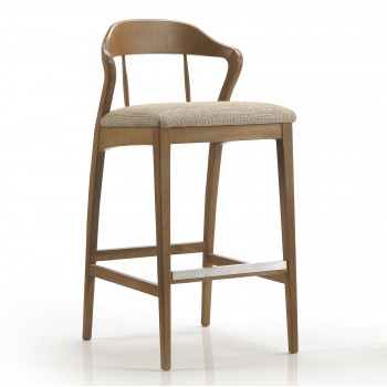 Sgabello da bancone con seduta imbottita, dettaglio schienale in legno
