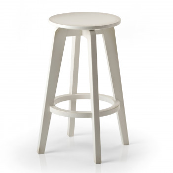 Sgabello rotondo in legno con poggiapiedi, dettaglio gambe