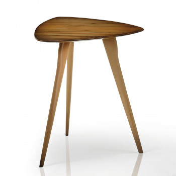 Tavolino da salotto in legno, piano fiammato triangolare