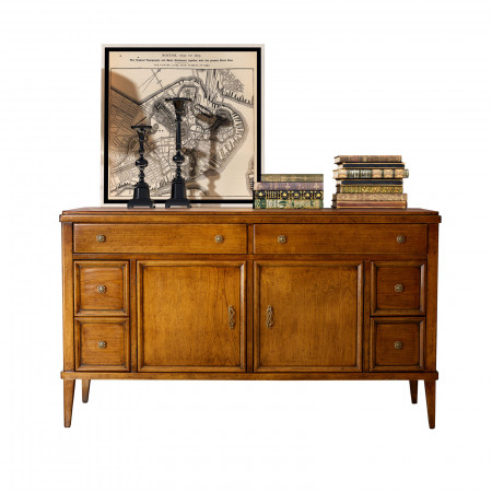 Credenza vintage in legno con 2 ante e 6 cassetti, dettaglio frontale