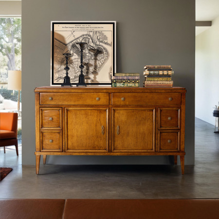 Credenza vintage in legno con 2 ante e 6 cassetti, dettagli livrea noce