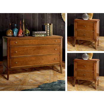 Comò e comodini vintage in legno con cassetti e dettagli eleganti