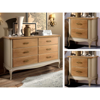 Dettaglio del trittico elegante in legno con comò e comodini