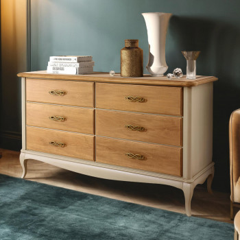 Comò con 6 cassetti in legno massello, dettaglio gambe a sciabola