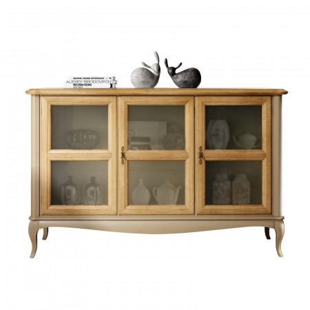 Credenza con 3 ante in vetro, dettagli in legno