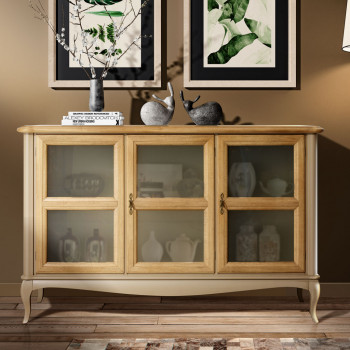 Credenza 3 ante con vetri satinati e gambe a sciabola