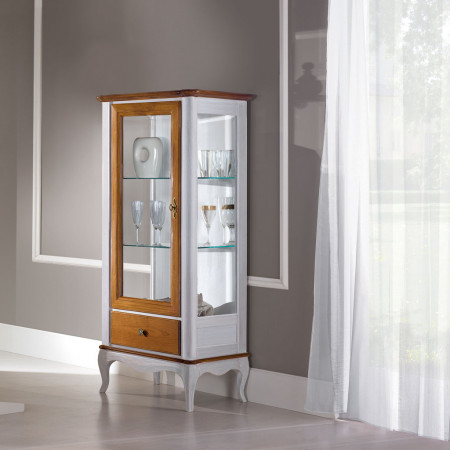 Vetrinetta con anta a vetro e cassetto, cornice sagomata
