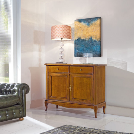 Credenza 2 ante e 2 cassetti in legno noce e faggio, dettaglio cornice