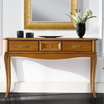 Consolle con 3 cassetti in legno con gambe a sciabola