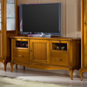 Porta tv con 2 cestoni 1 anta e 2 ribalte, top sagomato