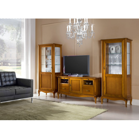 Porta TV con ribalte, anta serratura e decorazioni in legno noce