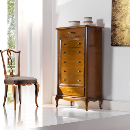 Cassettone con 7 cassetti in legno con gambe a sciabola